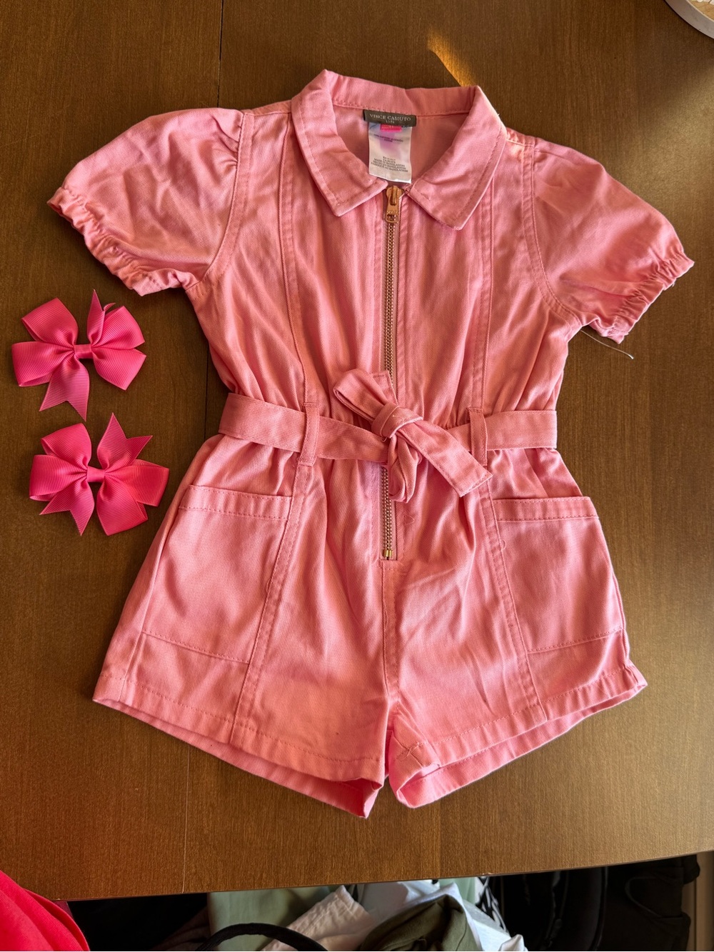 Vince Camuto Girls Pink Short-Sleeve Zip Romper with Tie Waist